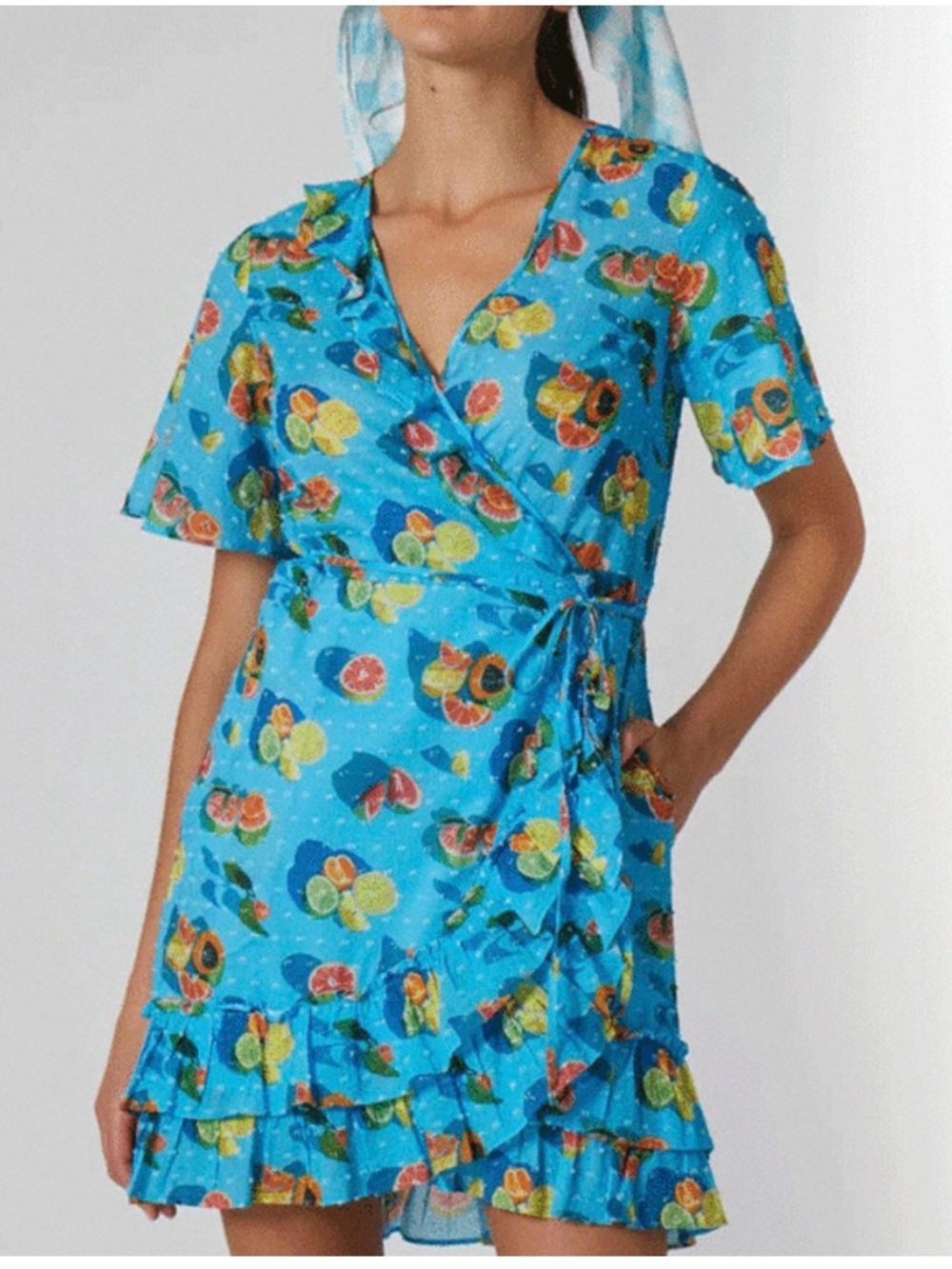 Rachel Antonoff Abby Wrap Dress Sky Blue Citrus Print Women’s size small